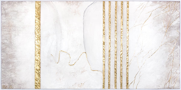 XXL Leinwandbild - Abstrakte Kunst in Weiß und Gold mit Rahmen