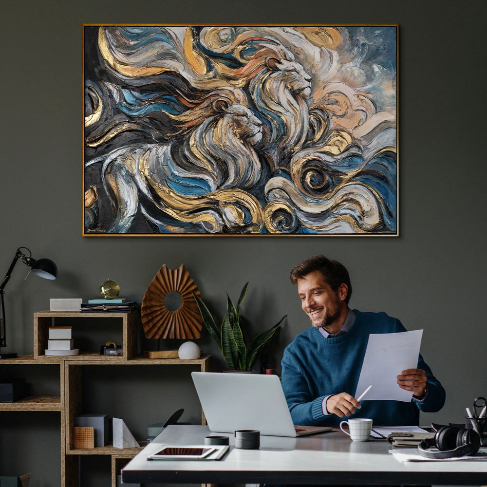 Moderne Wanddeko – Acrylbild Löwe im Wohnzimmer