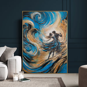 Wohnzimmer mit Kunst – Acryl Leinwand Tanzpaar Blau Gold