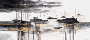 Wandbild "Yachten" in Schwarz-Gold – abstrakte Acrylmalerei auf Leinwand modern 115x50cm
