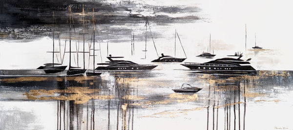 Wandbild "Yachten" in Schwarz-Gold – abstrakte Acrylmalerei auf Leinwand modern 115x50cm
