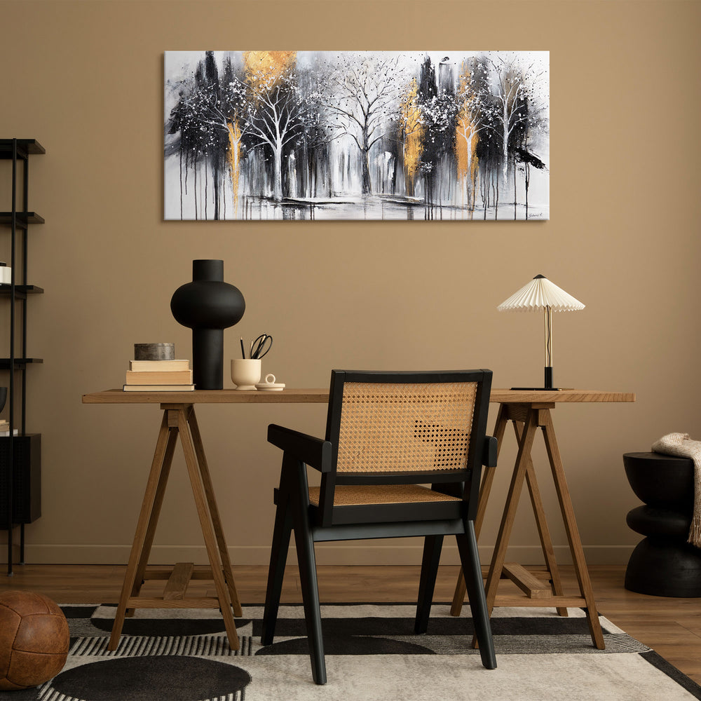 wandbild wohnzimmer modern, abstraktes bild auf leinwand, acrylbild wald schwarz weiß gold