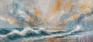 Handgemaltes Wandbild "Sea Dawn" - abstraktes Acrylgemälde mit Wellen auf Leinwand 115x50cm