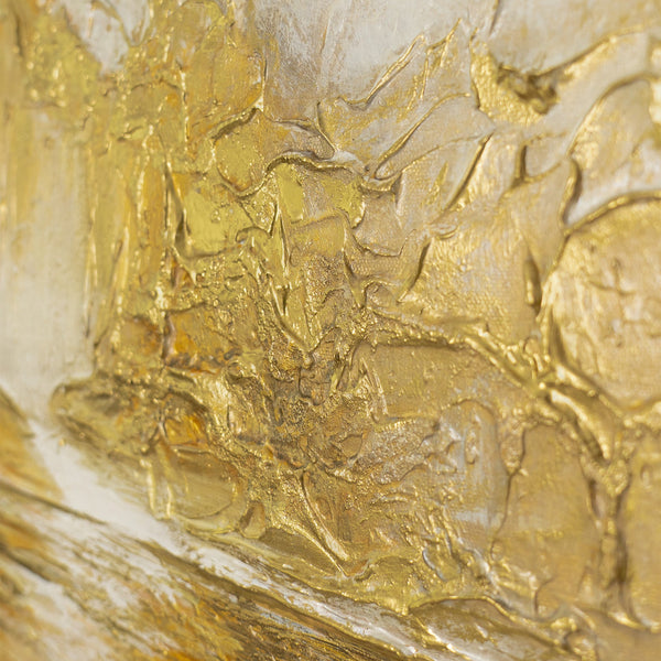 Detail des Gemäldes „Sanftes Leuchten" – goldene Reliefschichten und stiller Wasserspiegel