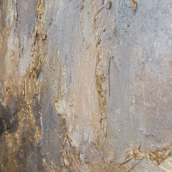 Detail des Gemäldes „Goldener Regen" – skulpturale Goldstruktur zwischen Grau, Beige und Orange