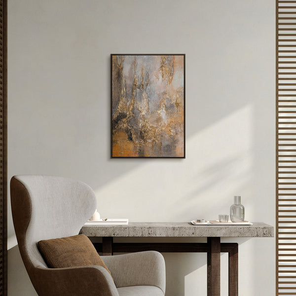 Abstraktes Goldgemälde „Goldener Regen" im modernen Wohnzimmer – Hochformat Wanddeko in Gold und Grau