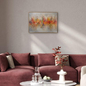 Modernes Wohnzimmer mit buntem Querformat Gemälde – breite Farbwanddeko über dem Sofa