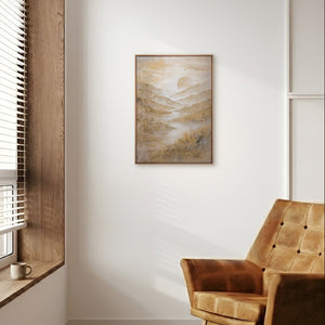 Handgemaltes Landschaftsgemälde „Goldenes Tal" – Bergtal in Gold & Beige, 50x70 cm mit Rahmen