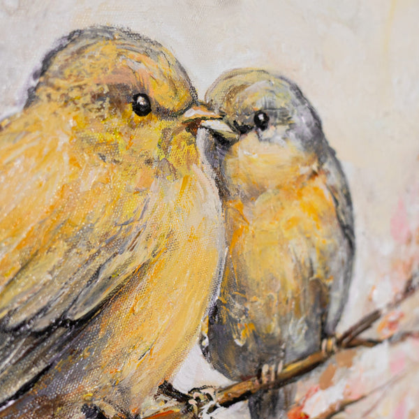 Gold trifft Kirschblüte – zartes Vogelpaar als handgemaltes Naturunikat auf Leinwand