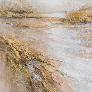 Goldene Ufer um leuchtendes Wasser – atmosphärische Relieftextur in Gold und Grau, handgemalt