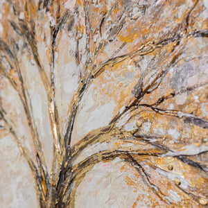 Lichtkreis um den Baumstamm – goldene Symbolik handgemalt in warmen Erdtönen auf Acryl 