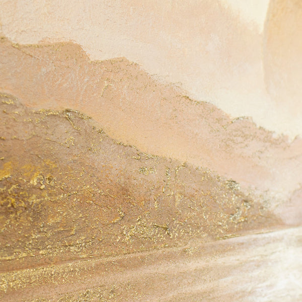 Goldene Seenlandschaft mit großer Sonne – vollständig monochrome Handmalerei in Beige und Gold