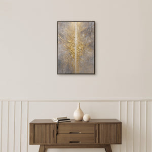 Skulpturales Goldgemälde im modernen Büro – Original Energiestrahl Wandbild kaufen bei YS-Art
