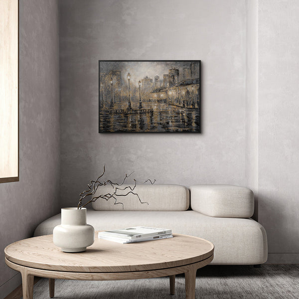 Nächtliches Laternen-Stadtgemälde im modernen Wohnzimmer – Original Stadtbild kaufen bei YS-Art