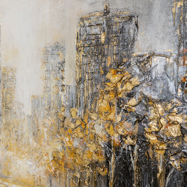 Goldener Lichtausbruch zwischen dunklen Hochhäusern – urbane Panorama Reliefmalerei in Gold und Grau