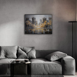Goldenes Panorama Stadtbild im modernen Wohnzimmer – Original Stadtgemälde kaufen bei YS-Art