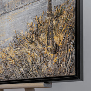 Handgemaltes Skyline Gemälde „Abendliche Küste" – Stadt am Wasser in Gold & Grau, 50x70 cm mit schwarzem Rahmen