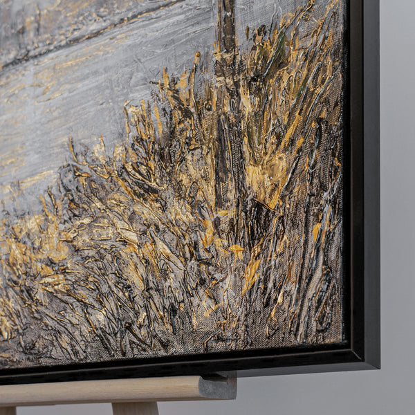 Handgemaltes Skyline Gemälde „Abendliche Küste" – Stadt am Wasser in Gold & Grau, 50x70 cm mit schwarzem Rahmen