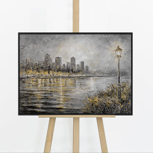 „Abendliche Küste" – Skyline Gemälde das Stadt und Wasser zu einem poetischen Abendmoment vereint