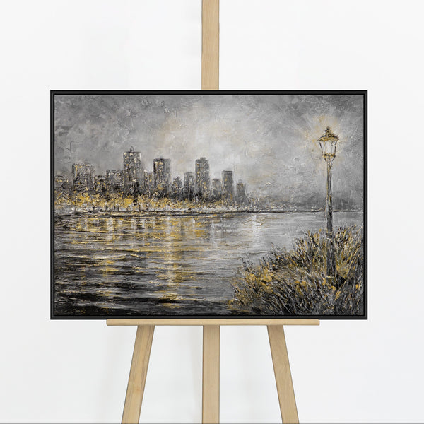 „Abendliche Küste" – Skyline Gemälde das Stadt und Wasser zu einem poetischen Abendmoment vereint