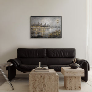 Poetisches Skyline Gemälde im modernen Wohnzimmer – Original Stadtbild mit Wasserreflexionen kaufen