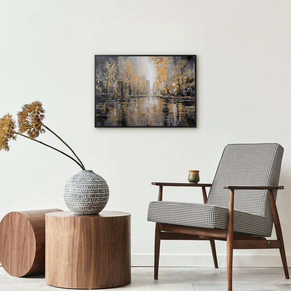 Goldenes Herbstpark Gemälde im modernen Wohnzimmer – Original Stadtpark Wandbild kaufen bei YS-Art