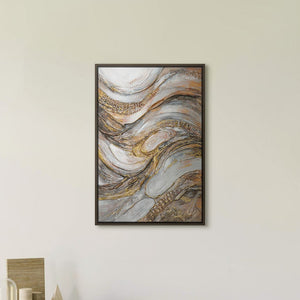 Abstraktes Marmorbild „Marmorfluss" im modernen Wohnzimmer – elegante Wanddeko in Gold und Grau