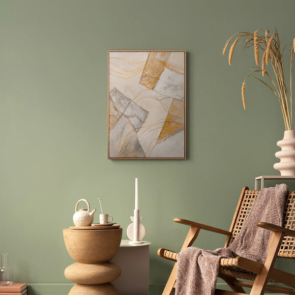 „Abstrakte Formen" im modernen Wohnzimmer – geometrisches Gold-Grau Wandbild als strukturierte Wanddeko
