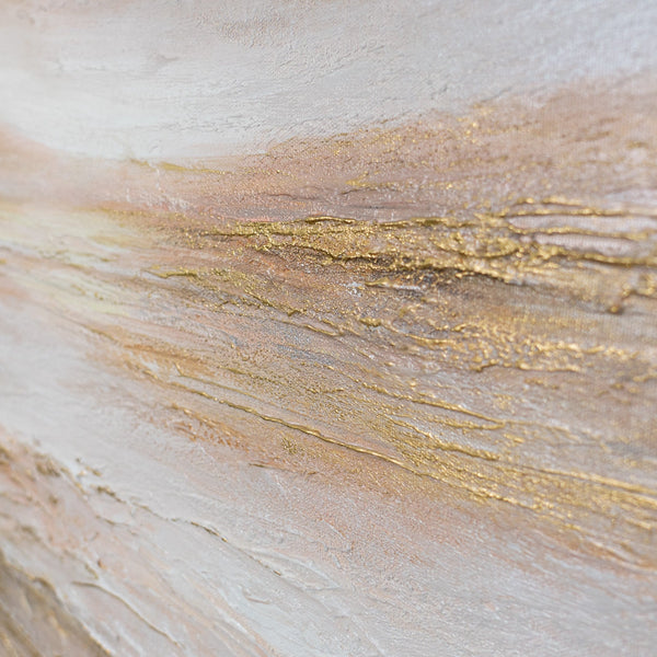 Goldene Reliefküste vor leuchtendem Horizont – handgemaltes abstraktes Naturpanorama in Rosa und Gold 