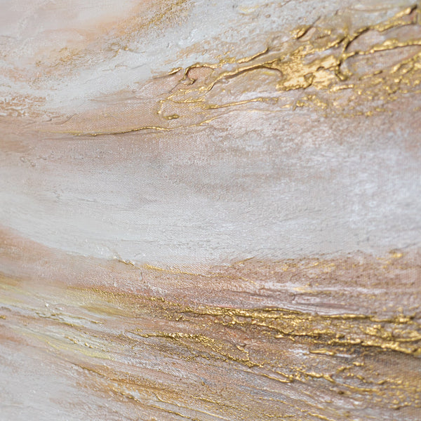 Handgemaltes Küstenpanorama in Rosa und Gold – meditative Weite als Wandbild im Wohnzimmer