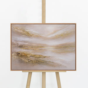„Stiller Horizont" – Abstraktes Landschaftspanorama mit goldenen Reliefadern auf Rosa-Beige-Grund