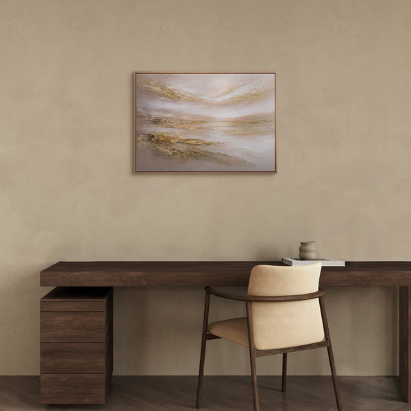 „Stiller Horizont" im modernen Schlafzimmer – abstraktes Rosa-Gold Panoramabild als Wanddeko