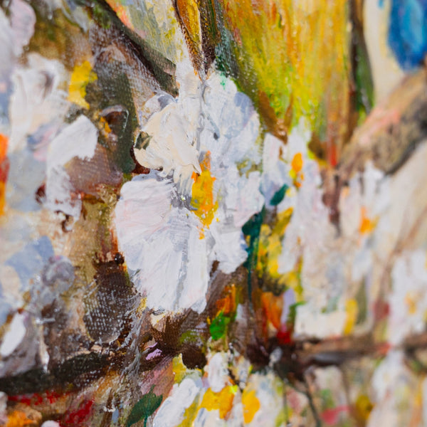 Detailreiche Federstruktur und Herzchen auf der Brust – Nahaufnahme des Acrylgemäldes „Vogelgesellschaft"