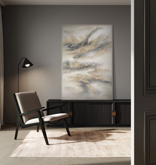 Handgemaltes Acrylbild in Grau & Gold – Abstrakte Wanddeko „Wolkenmelodie“