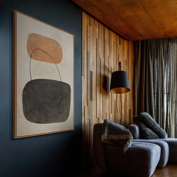 Modern painting in beige and grey with frame – Abstract art “Balance of contrasts”