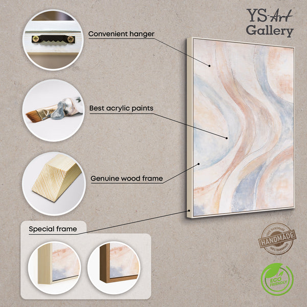 Abstract canvas painting, beige and blue – textured framed painting “Wind Lines”