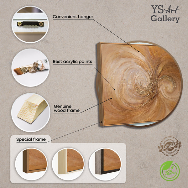 Abstraktes Acrylbild in Gold Braun – strukturierte Wandkunst mit Rahmen „Wirbelwind der Wärme“