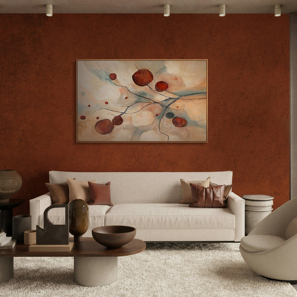 Abstraktes Leinwandbild „Scharlachrote Sternbilder“ in warmen Naturtönen mit Rahmen