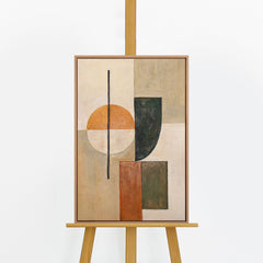Handgemaltes geometrisches Wandbild „Gleichgewicht" auf Staffelei – Bauhaus-Formen in Terrakotta & Grün