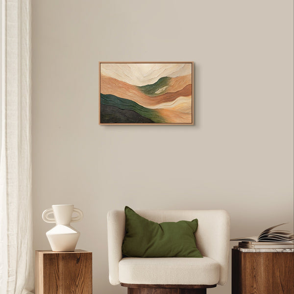 Handgemaltes Acrylbild „Wellen des Horizonts" an der Wand – Terrakotta und Grün Wellenkomposition