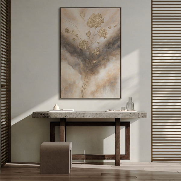 Leinwandbild mit Rahmen „Leuchten in den Wolken“ – Abstrakte Blumen in Goldtönen