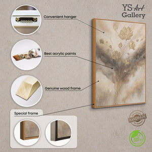 Leinwandbild mit Rahmen „Leuchten in den Wolken“ – Abstrakte Blumen in Goldtönen