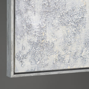 Handgemalte Acrylmalerei mit Rahmen „Atem des Winters“ – Abstrakte Kunst in Schwarz-Weiß