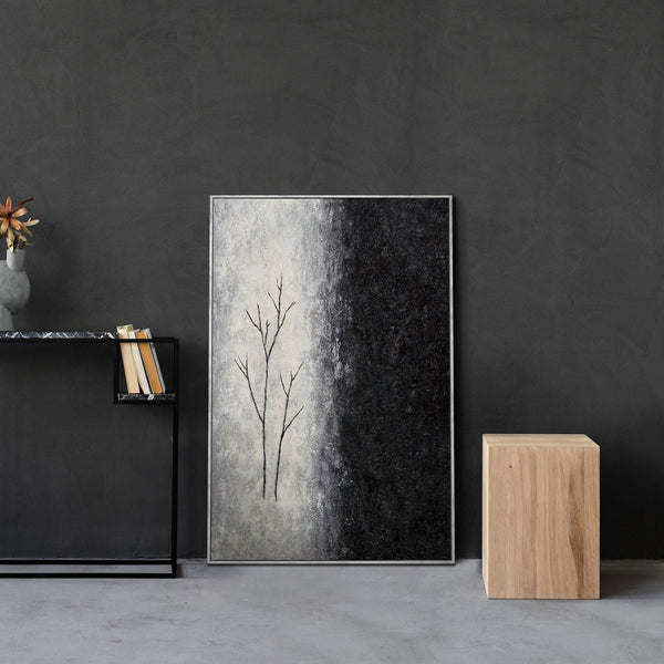 Handgemaltes Acrylgemälde mit Rahmen „Atem des Winters“ – Moderne Wandkunst