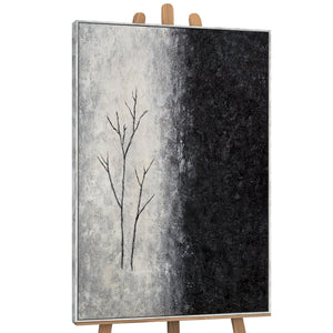 Handgemalte Acrylmalerei mit Rahmen „Atem des Winters“ – Abstrakte Kunst in Schwarz-Weiß