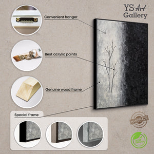 Handgemalte Acrylmalerei mit Rahmen „Atem des Winters“ – Abstrakte Kunst in Schwarz-Weiß