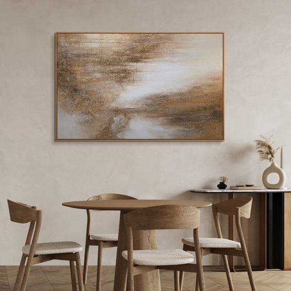Abstraktes Leinwandbild in Braun, Ocker und Beige mit Struktur, modernes Wandbild im Esszimmer