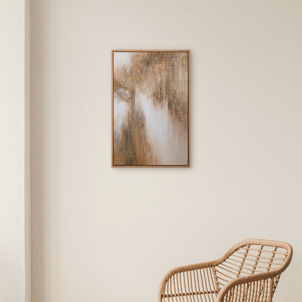 Handgemaltes Acrylbild „Honigdunst" an der Wand – fließende Gold-Bronze-Struktur mit Rahmen