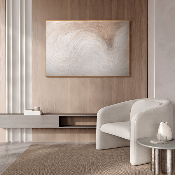 Abstract canvas painting "Light Stream" in light natural tones in a frame