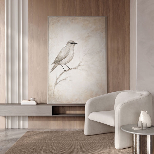 Gemälde mit Rahmen „Singende Pause“ – Acrylkunst mit Vogelmotiv